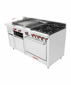 ESTUFA MÁSTER MULTIPLE MÁSTER TURBO (ACERO ECONOMICO) Frente: 1.710 m Fondo: 0.880 m Alto: 0.960 m Estufa a gas, con 4 quemadores abiertos, 1 asador, 1 plancha, 1 gratinador, 1 freidora 8 lt y 1 horno